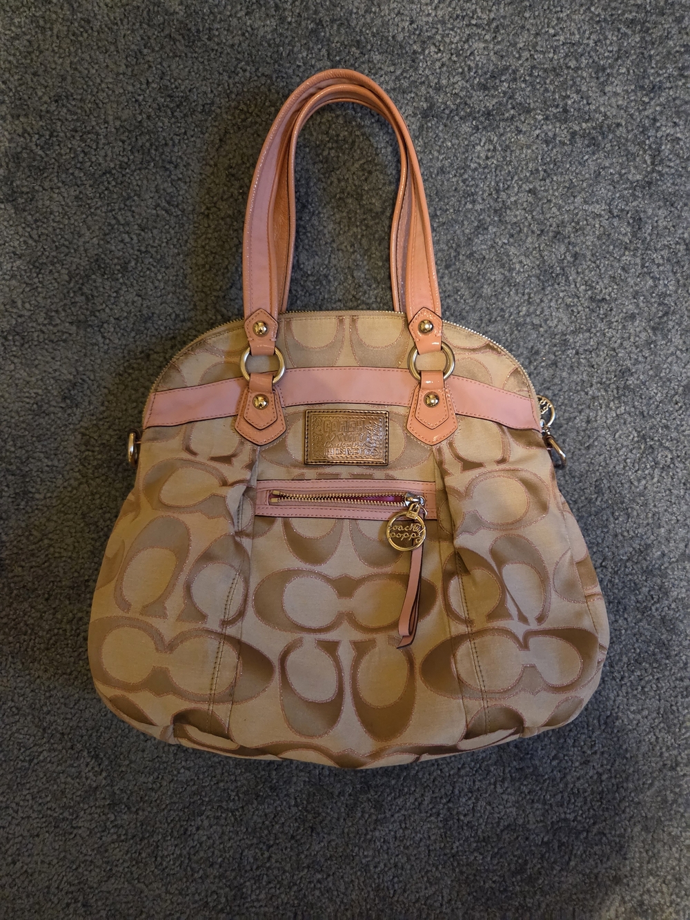Coach Signature Canvas Poppy Tote in Tan with Pink Trim